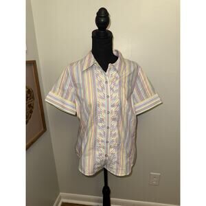 VTG City blues Pastel Striped Button Down Ruffle Blouse Kidcore S/S Size PM
